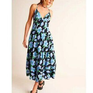 NWT FREE PEOPLE Finer Things Dress Black w Blue Floral Print Midi Sundress XS